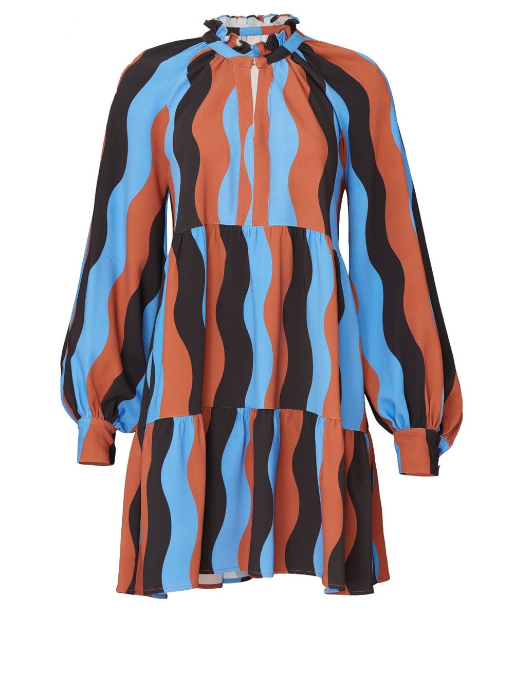 STINE GOYA Blue Wavy Stripe Long-Sleeve Mini Dress in Blue, Brown & Black Size S